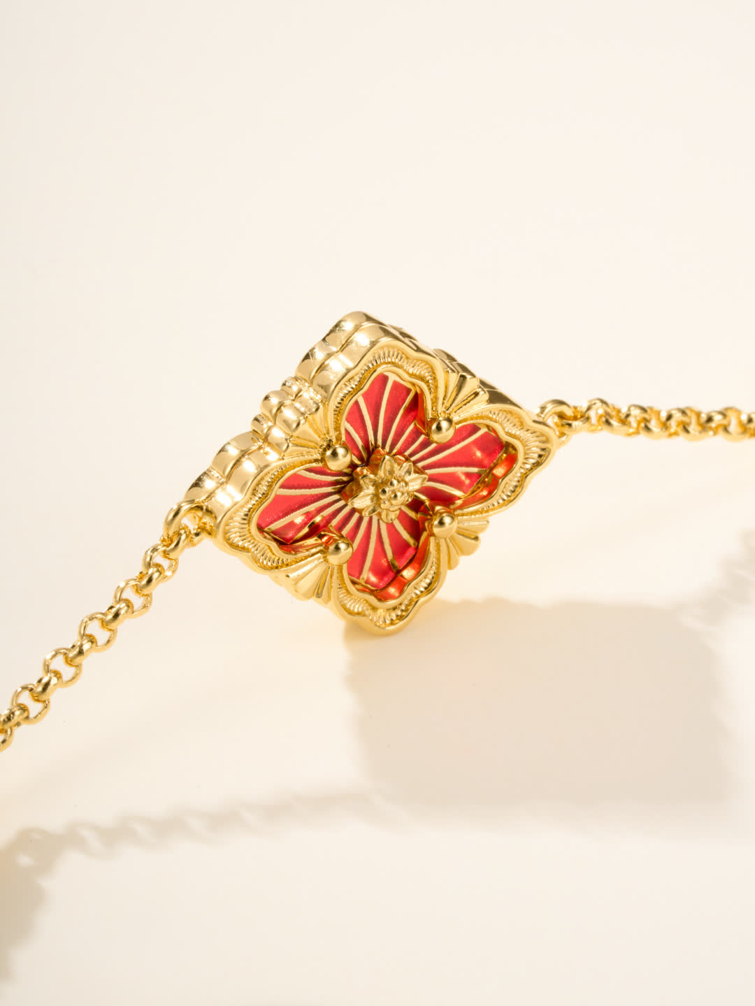 Van Cleef & Arpels Gold and Red Enamel Flower Bracelet